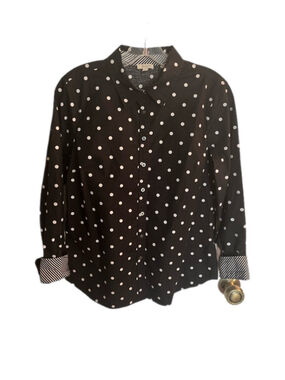 Talbots Petite SP Button Down Shirt Black White Polka Dot Striped Cuff Blouse